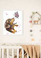 Load image into Gallery viewer, "Flossie" is an adorable Dachshund puppy, who is delightfully cheerful. Her soft pink tones will look adorable on any little persons wall. Who doesn't love a little sparkle in their life?
