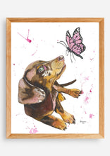 Load image into Gallery viewer, "Flossie" is an adorable Dachshund puppy, who is delightfully cheerful. Her soft pink tones will look adorable on any little persons wall. Who doesn't love a little sparkle in their life?