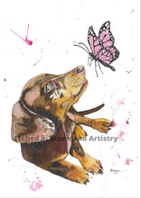 Load image into Gallery viewer, "Flossie" is an adorable Dachshund puppy, who is delightfully cheerful. Her soft pink tones will look adorable on any little persons wall. Who doesn't love a little sparkle in their life?