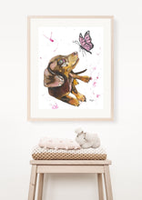 Load image into Gallery viewer, "Flossie" is an adorable Dachshund puppy, who is delightfully cheerful. Her soft pink tones will look adorable on any little persons wall. Who doesn't love a little sparkle in their life?