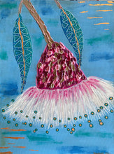 Load image into Gallery viewer, ‘Candy Gums’ is an original acrylic canvas set of two individual paintings. These textured beauties are unique and perfect as a statement piece. A bronze foil has been used to give a special sparkle to the set. Impasto has been used to create a raised texture on the gum flower, making it stand out.