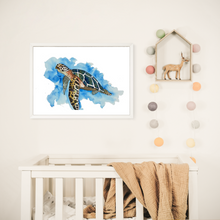 Load image into Gallery viewer, If you have a love for Marine animals, than these are the prints for you! These stunning wall prints are perfect as singles or sets of 3, 4, 5 and 6. The mix of soft and dark blues give a calming feel to each print. This one features a Turtle. These would be gorgeous in a child’s bedroom. Beautiful and educational all in one.