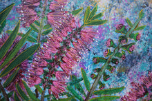 Load image into Gallery viewer, Close up of Callistemon, known as the Bottle Brush Tree are native to Australian and are known for their beautiful flowers. The flowers attract native birds, especially honey eaters, and reward the gardener with extraordinary amounts of colour. These unique flowers made the perfect theme for this painting.