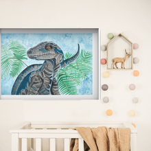 Load image into Gallery viewer, This watercolour dinosaur print is the perfect addition to any dinosaur lovers room. The natural colouring gives the realistic feel of real dinosaurs in your room. You have the option of a blue or white background, giving you more options to suit your decor.