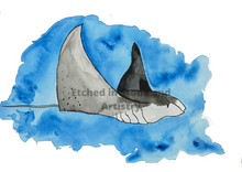 Load image into Gallery viewer, If you have a love for Marine animals, than these are the prints for you! These stunning wall prints are perfect as singles or sets of 3, 4, 5 and 6. The mix of soft and dark blues give a calming feel to each print. This one features a Stingray. These would be gorgeous in a child’s bedroom. Beautiful and educational all in one.