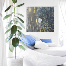 Load image into Gallery viewer, ‘Blue, the Cockatoo’ is an original, acrylic canvas painting. This stunning Australian bird boasts deep blue tones to show off his feathers. Toni has used gold leaf that perfectly accentuates the gold flecks on Blue’s feathers. The background is abstract with a mix of grey, black and gold. This painting is unique and bold.