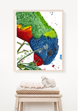 Load image into Gallery viewer, Rainbow Lorikeets are known to be cheeky birds and ‘Garry’ is no exception. This is a beautiful art print of Toni’s original watercolour art. His beautiful vibrant colours are perfect for brightening up any room.