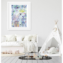 Load image into Gallery viewer, ‘Ivy’ the Sulphur-Crested Cockatoo is a print of my original watercolour, mixed media painting. A modern twist for the bird lovers.