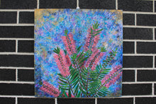 Load image into Gallery viewer, Callistemon, known as the Bottle Brush Tree are native to Australian and are known for their beautiful flowers. The flowers attract native birds, especially honey eaters, and reward the gardener with extraordinary amounts of colour. These unique flowers made the perfect theme for this painting.