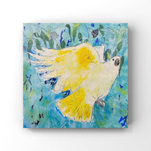 Load image into Gallery viewer, ‘Cockatoo dreams’ is an original Original Acrylic Painting on canvas. This painting is of an Australian Sulphur-crested cockatoo. These Australian birds are known for their beautiful white and yellow feathers, making it hard not to fall in love with them.