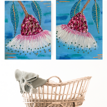 Load image into Gallery viewer, ‘Candy Gums’ is an original acrylic canvas set of two individual paintings. These textured beauties are unique and perfect as a statement piece. A bronze foil has been used to give a special sparkle to the set. Impasto has been used to create a raised texture on the gum flower, making it stand out.