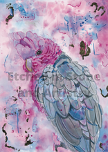Load image into Gallery viewer, If you have visited Australia, you would have seen the stunning Pink Galah. These birds really are breathtaking! This painting is a beautiful mix of realism and abstract. Soft pinks and blues, mixed with gold leaf make this a statement piece!