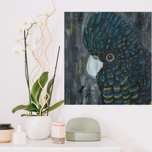Load image into Gallery viewer, ‘Blue, the Cockatoo’ is a print of one of Toni’s original, acrylic canvas painting. This stunning Australian bird boasts deep blue tones to show off his feathers. Toni has used gold leaf that perfectly accentuates the gold flecks on Blue’s feathers. The background is abstract with a mix of grey, black and gold. This painting is unique and bold. Please note that the gold leaf does not reflect like the original.