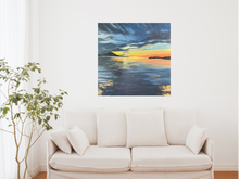 Load image into Gallery viewer, ‘Sunset Reflections’ is an original acrylic stretched canvas painting, measuring 76cm x 76cm. Inspired by the beautiful beaches of Australia, Toni has painted this stunning piece. A mixture of dark blues for the ocean and vibrant orange and yellows for the sunset, this painting has it all. Toni has used impasto to create a textured, protruding feeling to certain elements of the painting. The beautiful addition of gold leaf has given the painting a shimmery element.