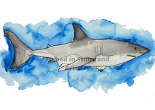 Load image into Gallery viewer, If you have a love for Marine animals, than these are the prints for you! These stunning wall prints are perfect as singles or sets of 3, 4, 5 and 6. The mix of soft and dark blues give a calming feel to each print. This one features a Shark. These would be gorgeous in a child’s bedroom. Beautiful and educational all in one.