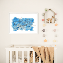Load image into Gallery viewer, If you have a love for Marine animals, than these are the prints for you! These stunning wall prints are perfect as singles or sets of 3, 4, 5 and 6. The mix of soft and dark blues give a calming feel to each print. This one features a Jellyfish. These would be gorgeous in a child’s bedroom. Beautiful and educational all in one.