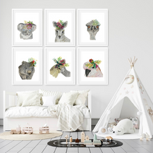 Load image into Gallery viewer, We are blessed in Australia with beautiful flora and fauna. These beautiful Australian animal prints are perfect for little bedrooms. This set features a Koala, a Kangaroo, an Emu, a Wombat, a Platypus and a Galah..