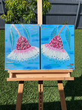 Load image into Gallery viewer, ‘Candy Gums’ is an original acrylic canvas set of two individual paintings. These textured beauties are unique and perfect as a statement piece. A bronze foil has been used to give a special sparkle to the set. Impasto has been used to create a raised texture on the gum flower, making it stand out.