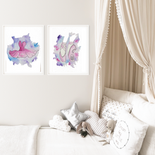 Load image into Gallery viewer, A wall print set for the lovers of dance. This gorgeous little set contains soft pinks, purples and blues and will warm a little persons' room.