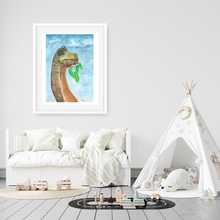 Load image into Gallery viewer, This watercolour Brontosaurus Art Print is the perfect edition to any dinosaur lovers room. His natural colouring, gives the realistic feel of a real dinosaur in your room. You have the option of a blue or white background, giving you more options to suit your decor.