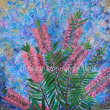 Load image into Gallery viewer, Callistemon, known as the Bottle Brush Tree are native to Australian and are known for their beautiful flowers. The flowers attract native birds, especially honey eaters, and reward the gardener with extraordinary amounts of colour. These unique flowers made the perfect theme for this painting.