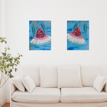 Load image into Gallery viewer, ‘Candy Gums’ is an original acrylic canvas set of two individual paintings. These textured beauties are unique and perfect as a statement piece. A bronze foil has been used to give a special sparkle to the set. Impasto has been used to create a raised texture on the gum flower, making it stand out.