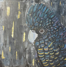 Load image into Gallery viewer, ‘Blue, the Cockatoo’ is an original, acrylic canvas painting. This stunning Australian bird boasts deep blue tones to show off his feathers. Toni has used gold leaf that perfectly accentuates the gold flecks on Blue’s feathers. The background is abstract with a mix of grey, black and gold. This painting is unique and bold.
