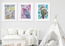 Load image into Gallery viewer, This stunning Australian bird print set is sure to make at statement. Australia is blessed with some of the most beautiful birds in the world, such as Sulphurcrested Cockatoos, Galahs and Kookaburras. These prints are a creative blend of realism and abstract, making them unique.