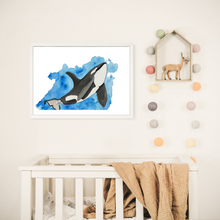 Load image into Gallery viewer, If you have a love for Marine animals, than these are the prints for you! These stunning wall prints are perfect as singles or sets of 3, 4, 5 and 6. The mix of soft and dark blues give a calming feel to each print. This one features a an Orca Whale. These would be gorgeous in a child’s bedroom. Beautiful and educational all in one.