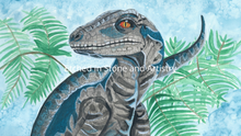 Load image into Gallery viewer, This Raptor is a print of my beautiful original watercolour painting. I have used quality watercolour paint on 100 percent cotton watercolour paper to create the original piece. This dinosaur is the perfect edition to any dinosaur lovers room. You have the option of a beautiful soft blue or white background.