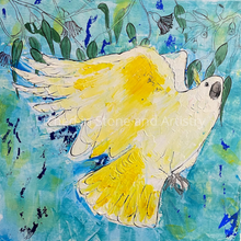 Load image into Gallery viewer, ‘Cockatoo dreams’ is an original Original Acrylic Painting on canvas. This painting is of an Australian Sulphur-crested cockatoo. These Australian birds are known for their beautiful white and yellow feathers, making it hard not to fall in love with them.