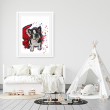 Load image into Gallery viewer, Meet ‘Panda’, the adorable French bulldog. Who doesn’t love a super dog! This is a print of my original watercolour painting. This pup is ready to save the day!