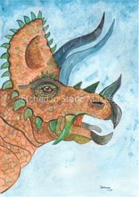 Load image into Gallery viewer, This watercolour Triceratops print is the perfect addition to any dinosaur lovers room. His natural colouring gives the realistic feel of a real dinosaur in your room. You have the option of a blue or white background, giving you more options to suit your decor.