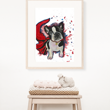 Load image into Gallery viewer, Meet ‘Panda’, the adorable French bulldog. Who doesn’t love a super dog! This is a print of my original watercolour painting. This pup is ready to save the day!
