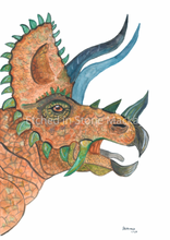 Load image into Gallery viewer, This watercolour Triceratops print is the perfect addition to any dinosaur lovers room. His natural colouring gives the realistic feel of a real dinosaur in your room. You have the option of a blue or white background, giving you more options to suit your decor.