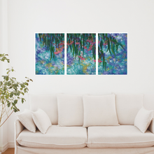 Load image into Gallery viewer, This is a Triptych art print of the original acrylic painting ‘Busy Gums’. As a child, Toni grew up in the bush and because of this, she has a love for all things Australian. The Australian flora and fauna are spectacular and make for beautiful paintings. Toni has used a creative mixture of blues, gold and whites as the background. The gold is metallic and has a slight shimmer in the light. The vibrant pinks stand out, making this a beautiful statement piece.