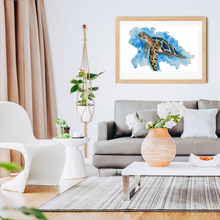 Load image into Gallery viewer, If you have a love for Marine animals, than these are the prints for you! These stunning wall prints are perfect as singles or sets of 3, 4, 5 and 6. The mix of soft and dark blues give a calming feel to each print. This one features a Turtle. These would be gorgeous in a child’s bedroom. Beautiful and educational all in one.