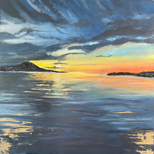Load image into Gallery viewer, ‘Sunset Reflections’ is an original acrylic stretched canvas painting, measuring 76cm x 76cm. Inspired by the beautiful beaches of Australia, Toni has painted this stunning piece. A mixture of dark blues for the ocean and vibrant orange and yellows for the sunset, this painting has it all. Toni has used impasto to create a textured, protruding feeling to certain elements of the painting. The beautiful addition of gold leaf has given the painting a shimmery element.