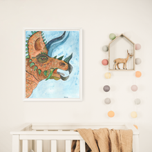 Load image into Gallery viewer, This watercolour dinosaur print is the perfect addition to any dinosaur lovers room. The natural colouring gives the realistic feel of real dinosaurs in your room. You have the option of a blue or white background, giving you more options to suit your decor.