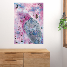 Load image into Gallery viewer, If you have visited Australia, you would have seen the stunning Pink Galah. These birds really are breathtaking! This painting is a beautiful mix of realism and abstract. Soft pinks and blues, mixed with gold leaf make this a statement piece!
