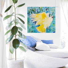 Load image into Gallery viewer, ‘Cockatoo dreams’ is an original Original Acrylic Painting on canvas. This painting is of an Australian Sulphur-crested cockatoo. These Australian birds are known for their beautiful white and yellow feathers, making it hard not to fall in love with them.