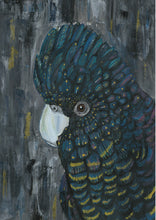 Load image into Gallery viewer, ‘Blue, the Cockatoo’ is a print of one of Toni’s original, acrylic canvas painting. This stunning Australian bird boasts deep blue tones to show off his feathers. Toni has used gold leaf that perfectly accentuates the gold flecks on Blue’s feathers. The background is abstract with a mix of grey, black and gold. This painting is unique and bold. Please note that the gold leaf does not reflect like the original.