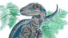 Load image into Gallery viewer, This Raptor is a print of my beautiful original watercolour painting. I have used quality watercolour paint on 100 percent cotton watercolour paper to create the original piece. This dinosaur is the perfect edition to any dinosaur lovers room. You have the option of a beautiful soft blue or white background.