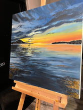 Load image into Gallery viewer, ‘Sunset Reflections’ is an original acrylic stretched canvas painting, measuring 76cm x 76cm. Inspired by the beautiful beaches of Australia, Toni has painted this stunning piece. A mixture of dark blues for the ocean and vibrant orange and yellows for the sunset, this painting has it all. Toni has used impasto to create a textured, protruding feeling to certain elements of the painting. The beautiful addition of gold leaf has given the painting a shimmery element.