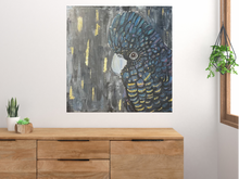 Load image into Gallery viewer, ‘Blue, the Cockatoo’ is an original, acrylic canvas painting. This stunning Australian bird boasts deep blue tones to show off his feathers. Toni has used gold leaf that perfectly accentuates the gold flecks on Blue’s feathers. The background is abstract with a mix of grey, black and gold. This painting is unique and bold.