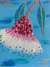 Load image into Gallery viewer, ‘Candy Gums’ is an original acrylic canvas set of two individual paintings. These textured beauties are unique and perfect as a statement piece. A bronze foil has been used to give a special sparkle to the set. Impasto has been used to create a raised texture on the gum flower, making it stand out.