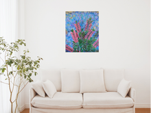 Load image into Gallery viewer, Callistemon, known as the Bottle Brush Tree are native to Australian and are known for their beautiful flowers. The flowers attract native birds, especially honey eaters, and reward the gardener with extraordinary amounts of colour. These unique flowers made the perfect theme for this painting.