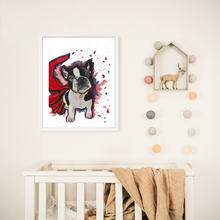 Load image into Gallery viewer, Meet ‘Panda’, the adorable French bulldog. Who doesn’t love a super dog! This is a print of my original watercolour painting. This pup is ready to save the day!