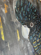 Load image into Gallery viewer, Close up of ‘Blue, the Cockatoo’ is an original, acrylic canvas painting. This stunning Australian bird boasts deep blue tones to show off his feathers. Toni has used gold leaf that perfectly accentuates the gold flecks on Blue’s feathers. The background is abstract with a mix of grey, black and gold. This painting is unique and bold.