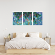 Load image into Gallery viewer, This is a Triptych art print of the original acrylic painting ‘Busy Gums’. As a child, Toni grew up in the bush and because of this, she has a love for all things Australian. The Australian flora and fauna are spectacular and make for beautiful paintings. Toni has used a creative mixture of blues, gold and whites as the background. The gold is metallic and has a slight shimmer in the light. The vibrant pinks stand out, making this a beautiful statement piece.